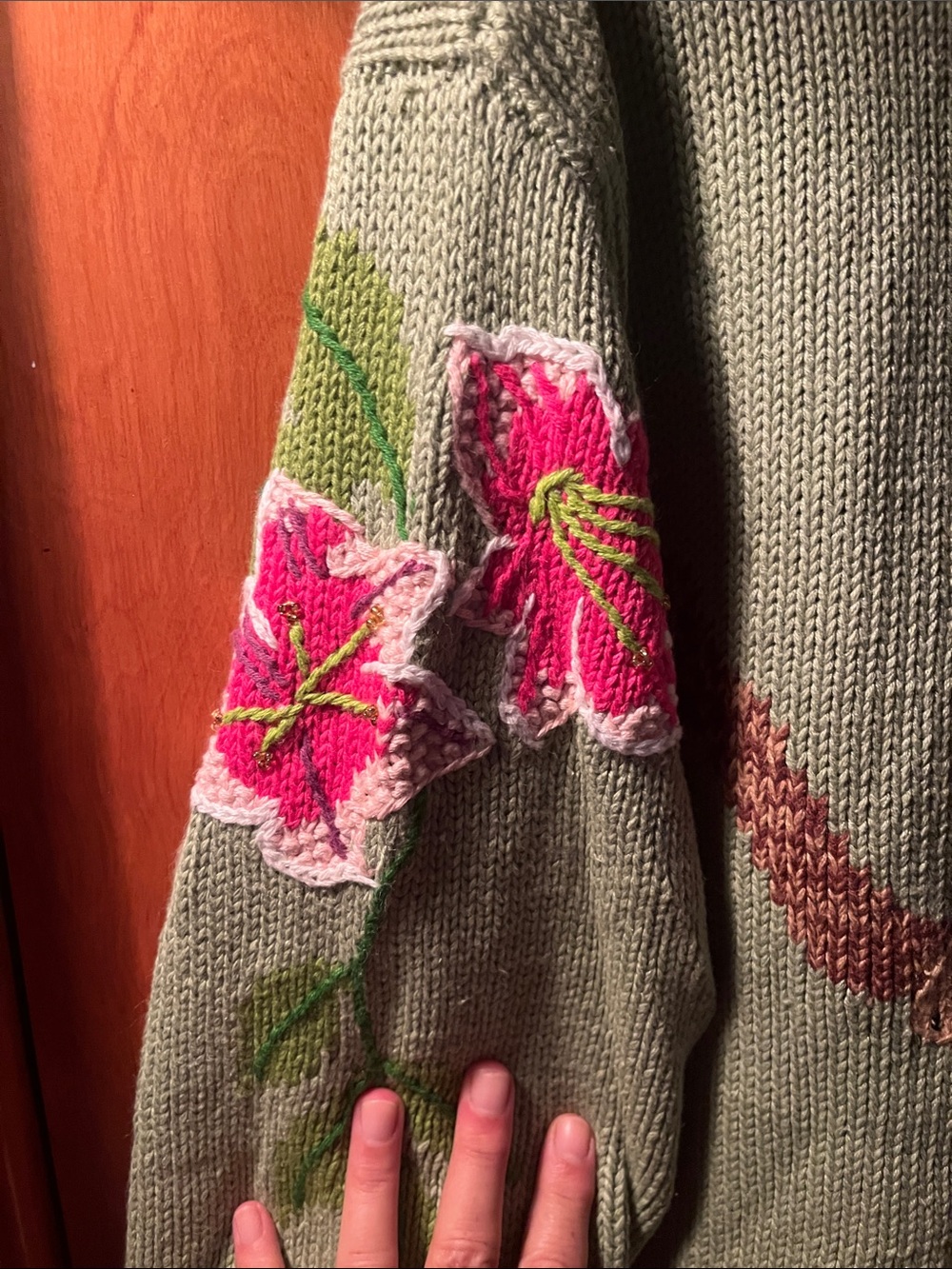 Storybook Knits Olive Green Cardigan with Pink Floral Embroidery - Picture 7 of 8